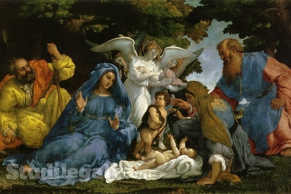 Sacra Famiglia con la famiglia del Battista e angeli di Lorenzo Lotto (1536). Museo del Louvre, Parigi.
